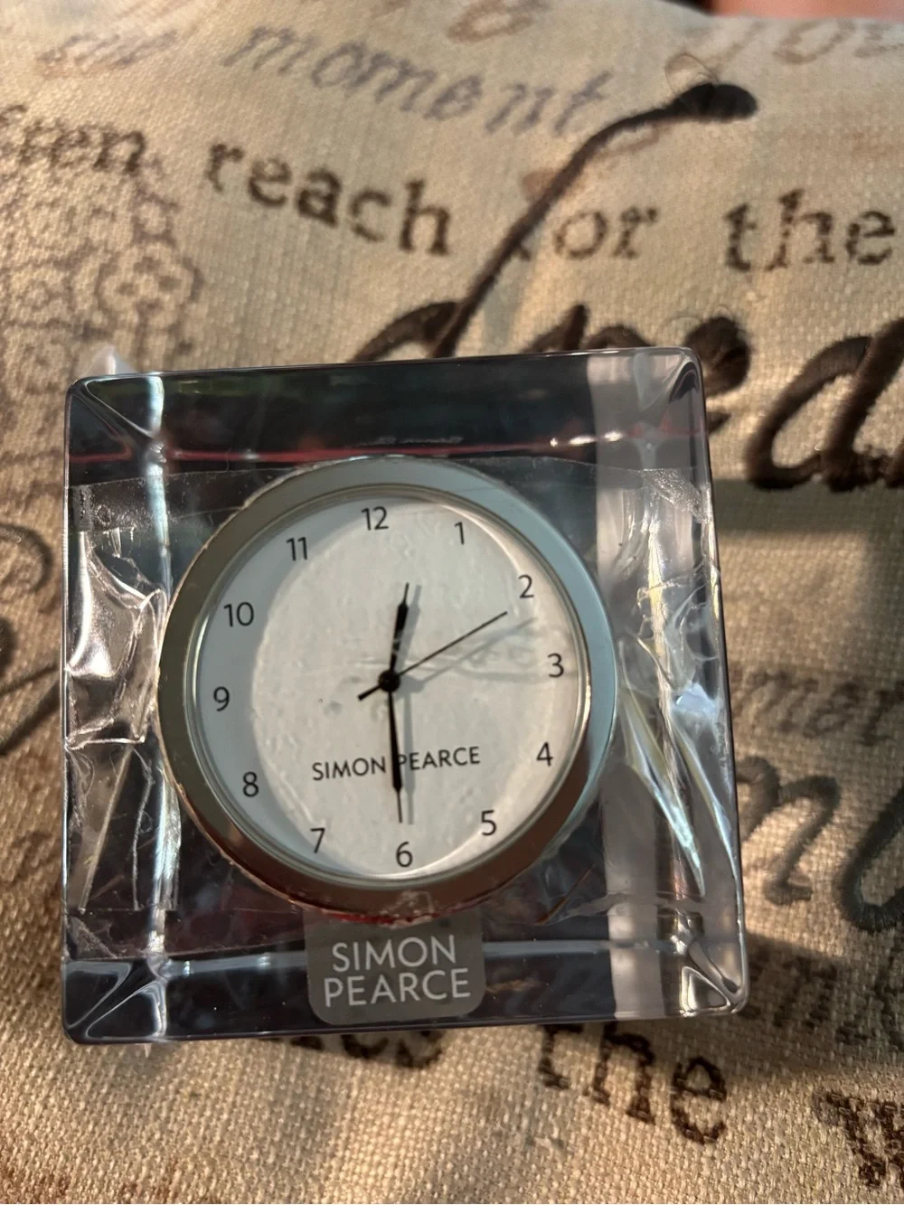 Simon Pearce Woodbury Heavy Crystal Desk Clock Cube Gold Bezel  etched Signed